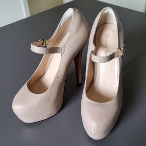 New 5.5" High Heels Platform Leather Pumps Beige Size 4.5